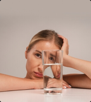 Persoon kijkt vermoeid naar een glas water